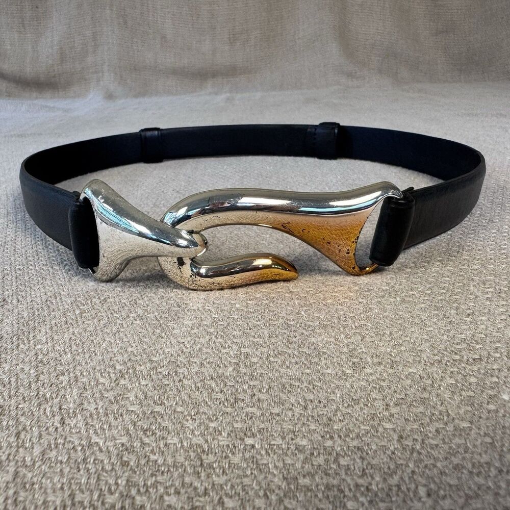 Chico's Vintage Black Leather Belt Silver Gold Hook Buckle S/M 556